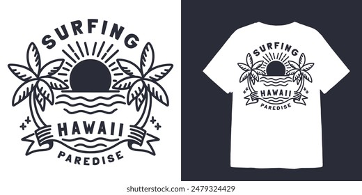 vintage surfing paradise line art illustration for t shirt design