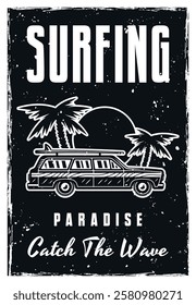 Vintage surfing poster with classic car, palm trees and sunset. Retro style vector illustration perfect for beach, travel, and summer themed designs, t-shirts, and prints