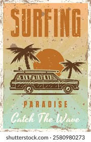 Vintage surfing poster with classic car, palm trees and sunset. Retro style vector illustration perfect for beach, travel, and summer themed designs, t-shirts, and prints