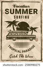 Vintage surfing poster with classic car, palm trees and sunset. Retro style vector illustration perfect for beach, travel, and summer themed designs, t-shirts, and prints