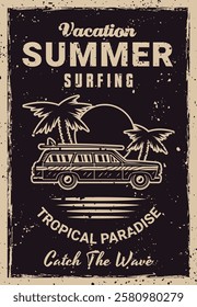 Vintage surfing poster with classic car, palm trees and sunset. Retro style vector illustration perfect for beach, travel, and summer themed designs, t-shirts, and prints