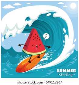 Vintage surfing poster design with vector watermelon surfer. 