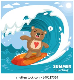 Vintage-Surfposter-Design mit Vektorbär-Surfer. 