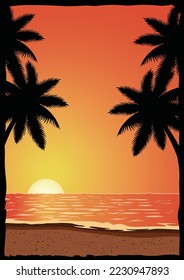 Vintage surfing poster with a sunset beach and palms