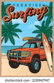 Vintage surfing poster with SUV car on a beautiful beach