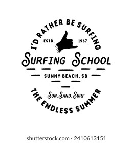 Vintage Surfing School Silhouette Graphics Emblem for web design or print. Surfer logo template. Outdoors activity - boarding on waves. Vector hipster insignia.