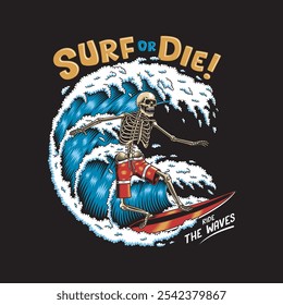 Vintage Surfing Skeleton Vector Illustration