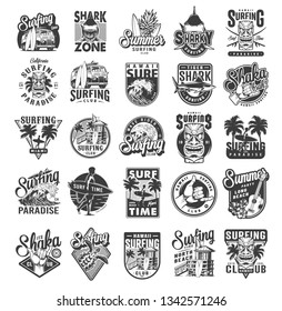 Vintage surfing sport labels with man holding surfboards sharks surfers house palms sea waves fruits ukulele hibiscus flowers travel van shaka hand sign turtle isolated vector illustration