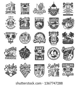 Vintage surfing sport labels with man holding surfboards sharks surfers house palms sea waves fruits ukulele hibiscus flowers travel van shaka hand sign turtle isolated vector illustration