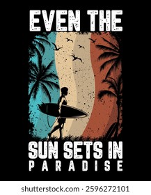 Vintage Surfing Sunset Paradise T-Shirt Design for Beach Lovers. Summer beach T shirt design.