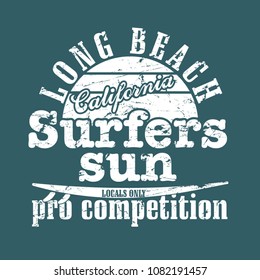Vintage Surfing tee design. Retro t-shirt Graphics and Emblems for web or print. Surfer, beach style logo . Surf Badge Surfboard seal, elements, symbols. Summer boarding on waves. Stock vector design.