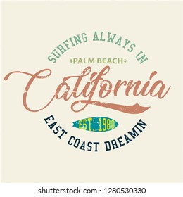 Vintage Surfing tee design. Retro t-shirt Graphics and Emblems for web or print. Surfer, beach style logo . Surf Badge Surfboard seal, elements, symbols. Summer boarding on waves. Stock vector design.
