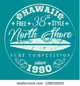 Vintage Surfing tee design. Retro t-shirt Graphics and Emblems for web or print. Surfer, beach style logo . Surf Badge Surfboard seal, elements, symbols. Summer boarding on waves. Stock vector design.