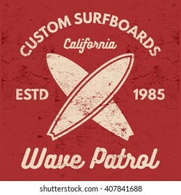 Vintage Surfing tee design. Retro t-shirt Graphics and Emblems for web design or print. Surfer, beach style logo design. Surf Badge Surfboard seal, elements, symbols. Summer boarding on waves. Vector