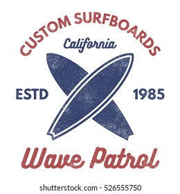 Vintage Surfing tee design. Retro t-shirt Graphics and Emblems for web design or print. Surfer, beach style logo design. Surf Badge Surfboard seal, elements, symbols. Summer boarding on waves. Vector