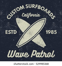 Vintage Surfing tee design. Retro t-shirt Graphics and Emblems for web or print. Surfer, beach style logo . Surf Badge Surfboard seal, elements, symbols. Summer boarding on waves. Stock vector design.
