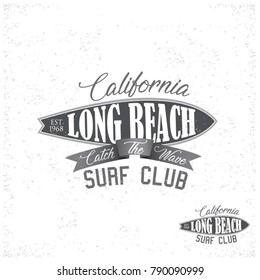 Vintage Surfing tee design. Retro t-shirt Graphics and Emblems for web or print. Surfer, beach style logo . Surf Badge Surfboard seal, elements, symbols. Summer boarding on waves. Stock vector design.