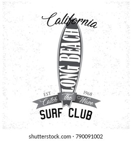 Vintage Surfing tee design. Retro t-shirt Graphics and Emblems for web or print. Surfer, beach style logo . Surf Badge Surfboard seal, elements, symbols. Summer boarding on waves. Stock vector design.