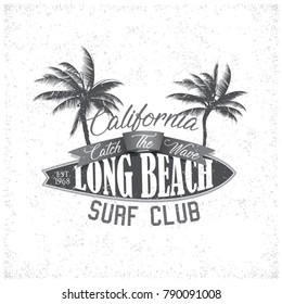 Vintage Surfing tee design. Retro t-shirt Graphics and Emblems for web or print. Surfer, beach style logo . Surf Badge Surfboard seal, elements, symbols. Summer boarding on waves. Stock vector design.