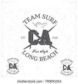 Vintage Surfing tee design. Retro t-shirt Graphics and Emblems for web or print. Surfer, beach style logo . Surf Badge Surfboard seal, elements, symbols. Summer boarding on waves. Stock vector design.