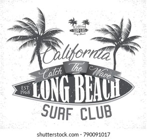 Vintage Surfing tee design. Retro t-shirt Graphics and Emblems for web or print. Surfer, beach style logo . Surf Badge Surfboard seal, elements, symbols. Summer boarding on waves. Stock vector design.