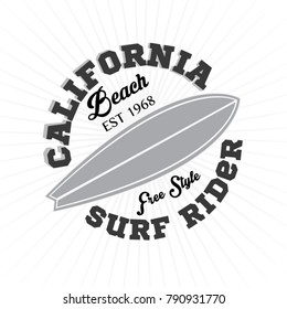 Vintage Surfing tee design. Retro t-shirt Graphics and Emblems for web or print. Surfer, beach style logo . Surf Badge Surfboard seal, elements, symbols. Summer boarding on waves. Stock vector design.