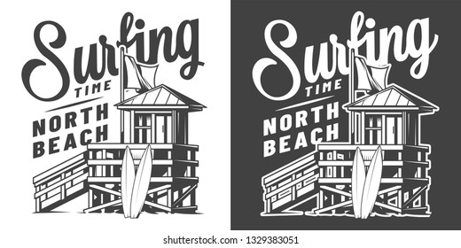 Vintage surfing time monochrome emblem with house of surfing club and surfboards isolated vector illustration