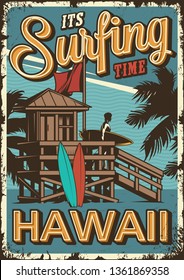 Vintage surfing time poster with surfer holding surfboard and wooden house of surf club vector illustration