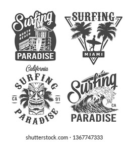 Vintage surfing time prints with house of surf club surfer hawaiian tribal tiki mask sea wave isolated vector illustration