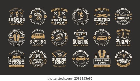 Vintage surfing vector logo template bundle. Surf logo emblems collection. Retro vector illustration set of logos on surfing theme. Surfing logo vector for t-shirt design