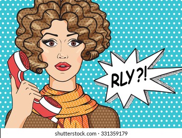 Vintage surprised woman with speech bubble and message RLY? Vector curly hair brunette girl with old telephone pop art comic style illustration.