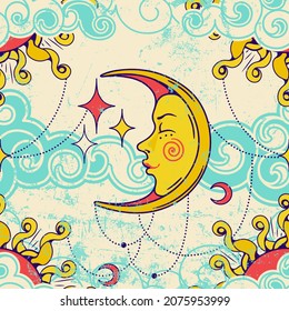 Vintage surreal seamless pattern with crescent moon. Vintage  celestial magic background for fabric, wallpaper, packaging, astrology, phone case, wrapping paper.