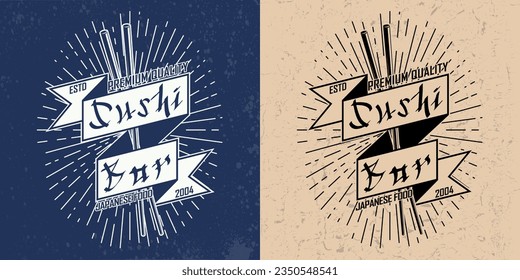 Vintage sushi bar logo design,  grange print stamp, creative Japanese food typography emblem, Vector