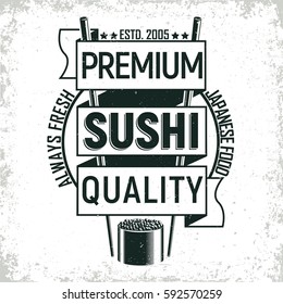 Vintage sushi bar logo design,  grange print stamp, creative Japanese food typography emblem, Vector