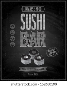 Vintage Sushi Bar Poster - Chalkboard. Vector illustration.