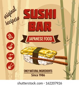 Vintage Sushi Bar Poster. Vector illustration.