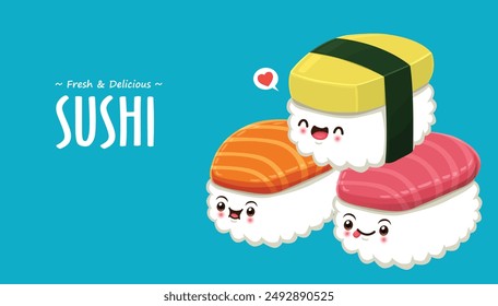 Vintage Sushi character poster design template.