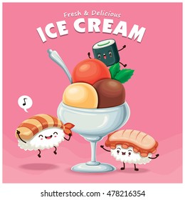 Vintage Sushi ice cream poster design with vector sushi character. 