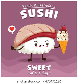 Vintage Sushi ice cream poster design with vector sushi character. 