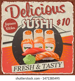 Vintage Sushi metal sign.Japanese food retro poster.
