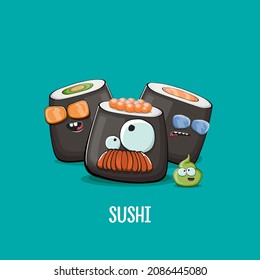 Vintage sushi poster design template with sushi cartoon characters and wasabi. Vector funny kawaii sushi set isolated on turquoise background. Asian food illustration for Japanese cuisine, Sushi bar.