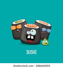 Vintage sushi poster design template with sushi cartoon characters and wasabi. Vector funny kawaii sushi set isolated on turquoise background. Asian food illustration for Japanese cuisine, Sushi bar.