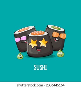 Vintage sushi poster design template with sushi cartoon characters and wasabi. Vector funny kawaii sushi set isolated on turquoise background. Asian food illustration for Japanese cuisine, Sushi bar.