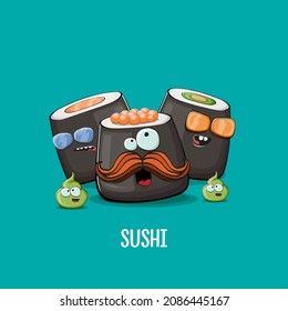 Vintage sushi poster design template with sushi cartoon characters and wasabi. Vector funny kawaii sushi set isolated on turquoise background. Asian food illustration for Japanese cuisine, Sushi bar.