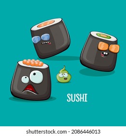 Vintage sushi poster design template with sushi cartoon characters and wasabi. Vector funny kawaii sushi set isolated on turquoise background. Asian food illustration for Japanese cuisine, Sushi bar.