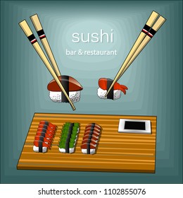 Vintage Sushi poster design with vector sushi character. Chinese word means sushi.