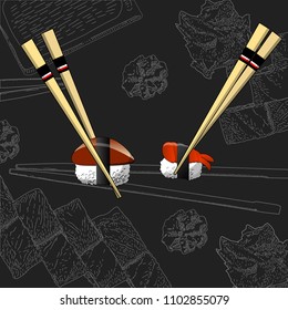 Vintage Sushi poster design with vector sushi character. Chinese word means sushi.