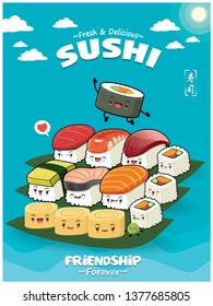 Vintage Sushi poster design with vector sushi character. Chinese word means sushi.