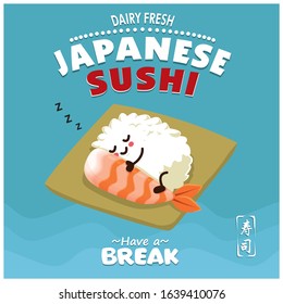 Vintage Sushi poster design with vector Ebi sushi character. Chinese word means sushi.