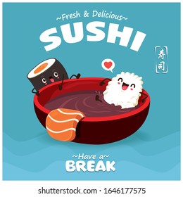 Vintage Sushi poster design with vector Sake sushi character. Chinese word means sushi.